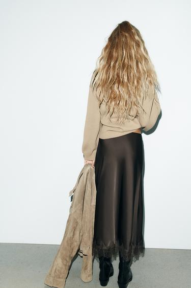 LACE SATIN MIDI SKIRT - Chocolate brown by Zara - Image 3