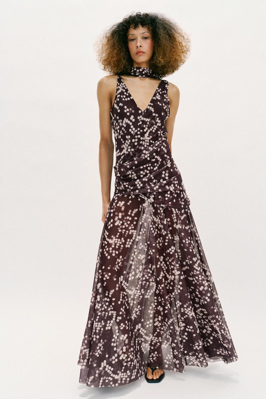 Zara - Long Tulle Polka Dot Dress - Brown / Ecru - S - Woman Zara - Long Tulle Polka Dot Dress - Brown / Ecru - S - Woman