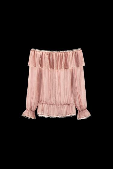 BLUSE MIT LÄTZCHEN UND FREIEN SCHULTERN - Rosa von Zara - Bild 0