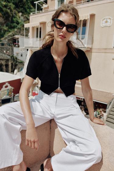 Zara SHORT KNIT JACKET WITH ZIPPER - Black