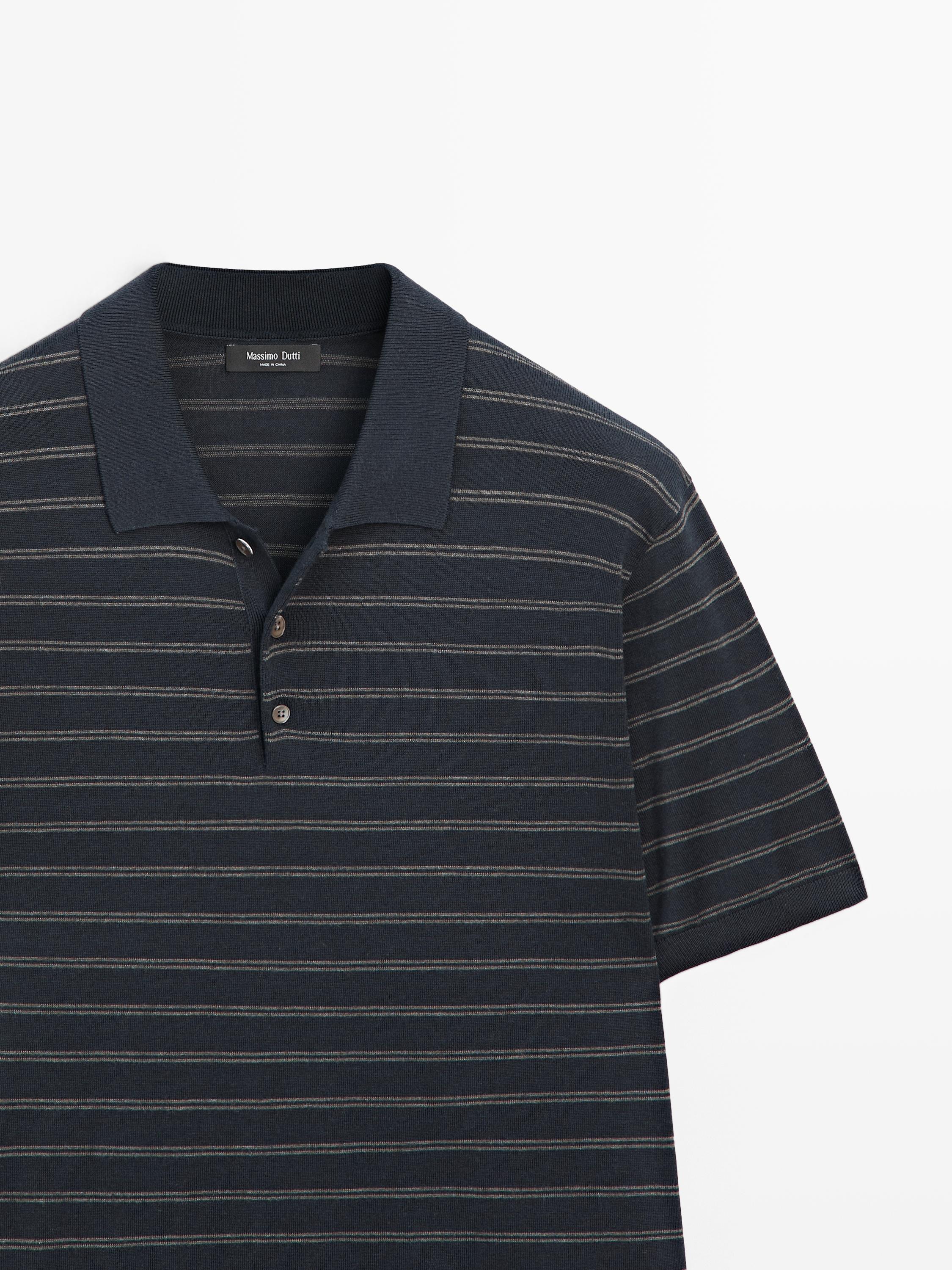 Cotton blend knit polo shirt with striped detail