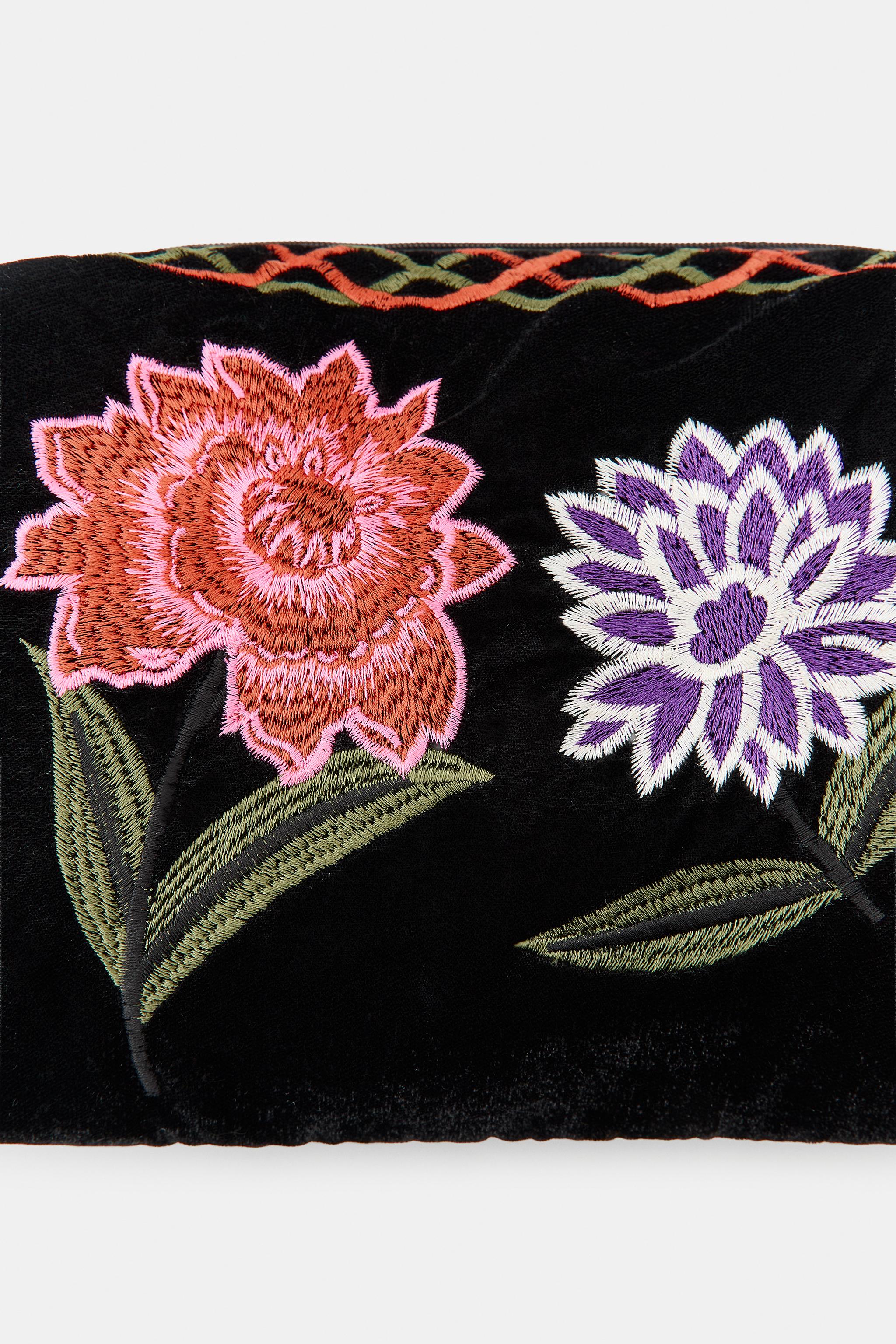 QUILTED VELVET TOILETRY BAG WITH FLORAL EMBROIDERY
