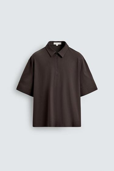Zara TECHNICAL ZIP POLO SHIRT - Chocolate