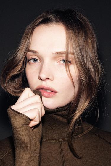 Zara WOOL BLEND KNIT HIGH NECK JUMPER - Khaki