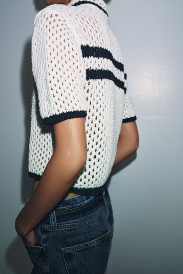 CUTWORK POLO CARDIGAN - Black / White by Zara - Image 2