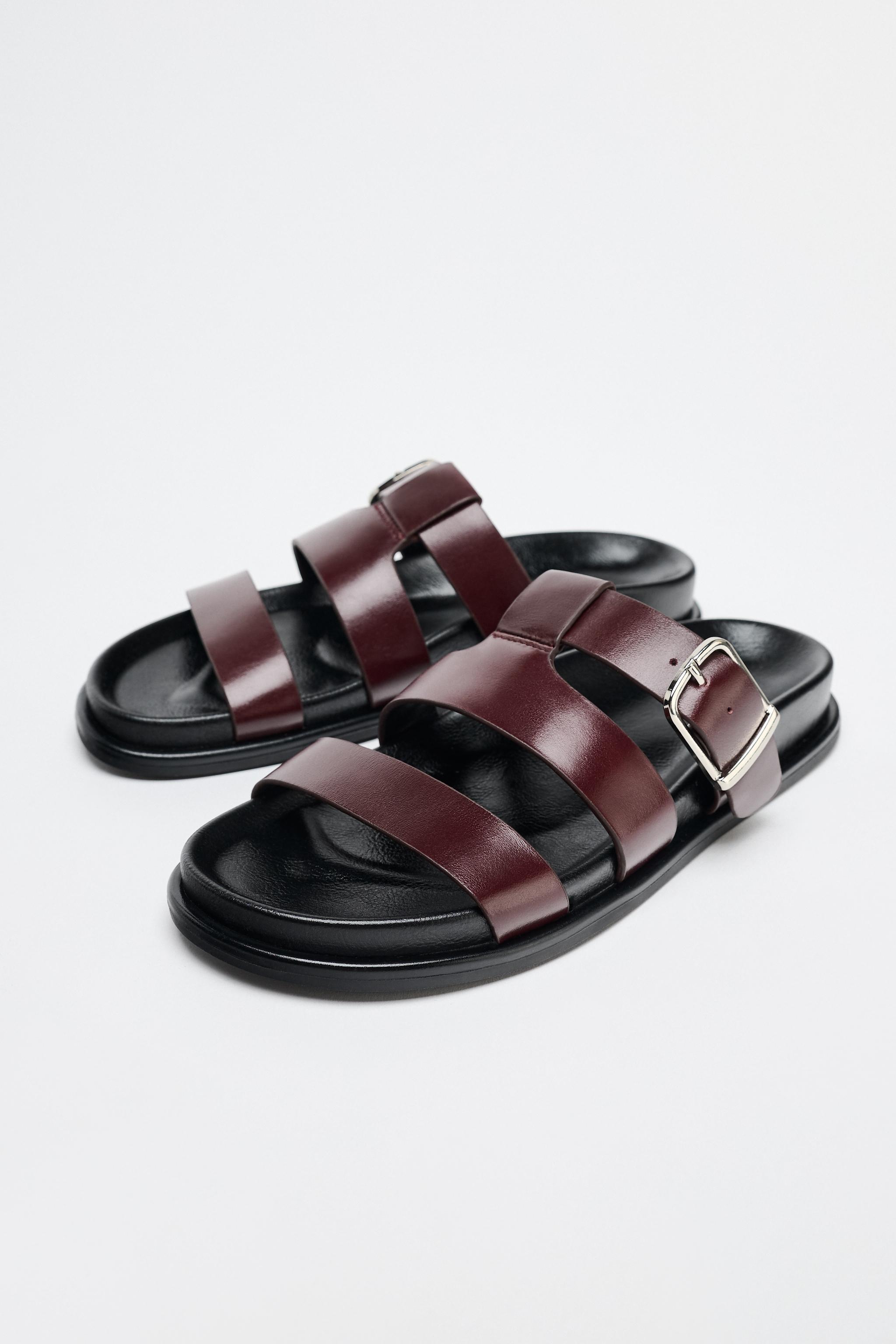 FLAT SANDALS WITH LEATHER STRAPS - Burgundy Red | ZARA