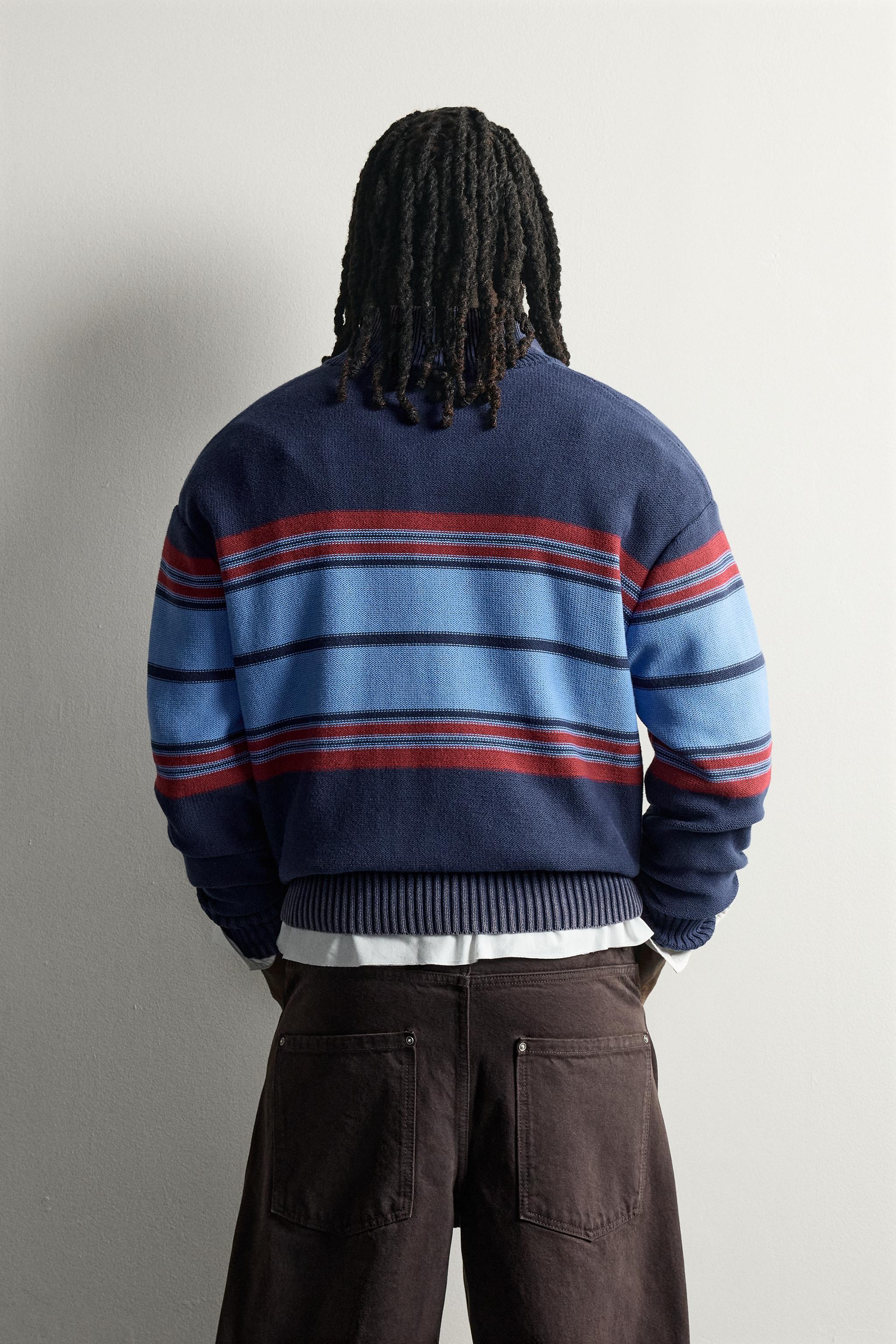 ウォッシュ加工カラーブロックニットジャケット - ブルー | ZARA Japan