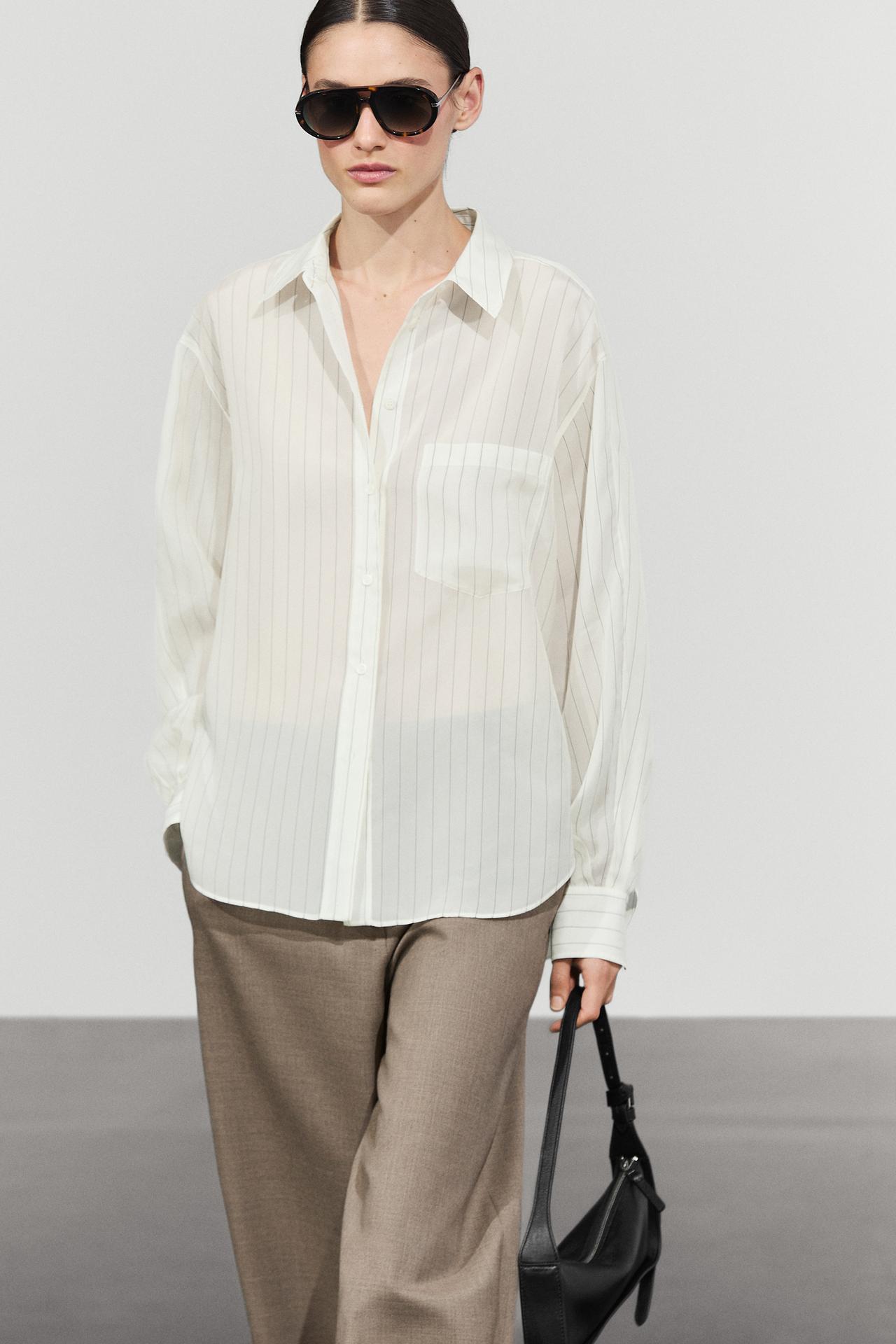 Striped flowing shirt with pocket detail — White