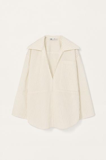 Zara LIMITED EDITION STRIPED VENT SHIRT - Ecru / Black