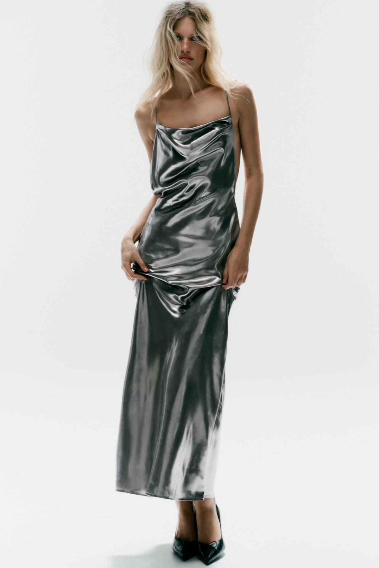 DRAPED METALLIC-EFFECT STRAPPY DRESS — Silver