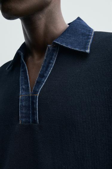 POLO EN MAILLE COL DENIM CONTRASTANT - Bleu marine foncé de Zara - Image 5