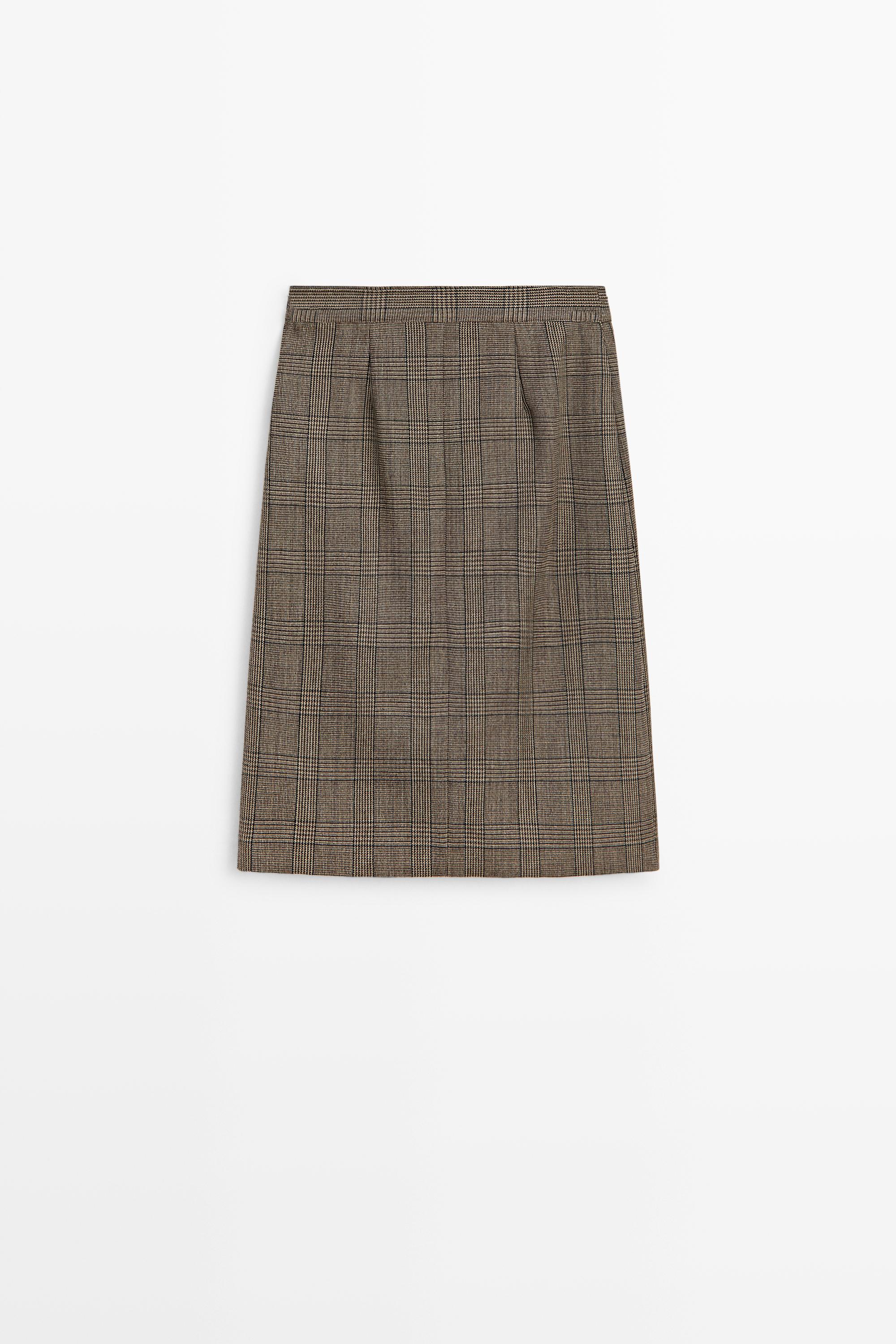 100% wool check midi skirt with pleat detail
