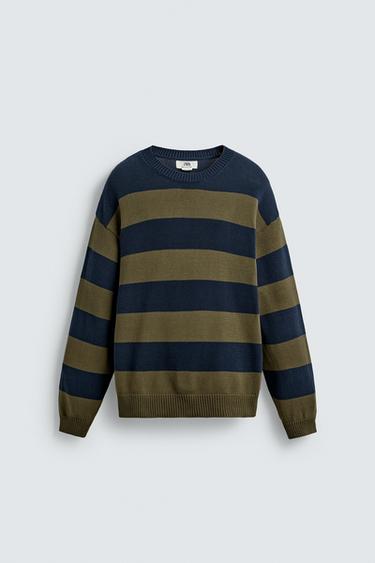 Zara STRIPED JACQUARD SWEATER - Navy blue
