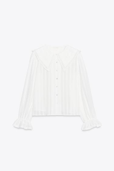 Zara LACE TRIM PETER PAN COLLAR SHIRT - Oyster-white