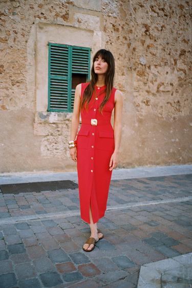 Zara BELTED CREPE MIDI DRESS - Red
