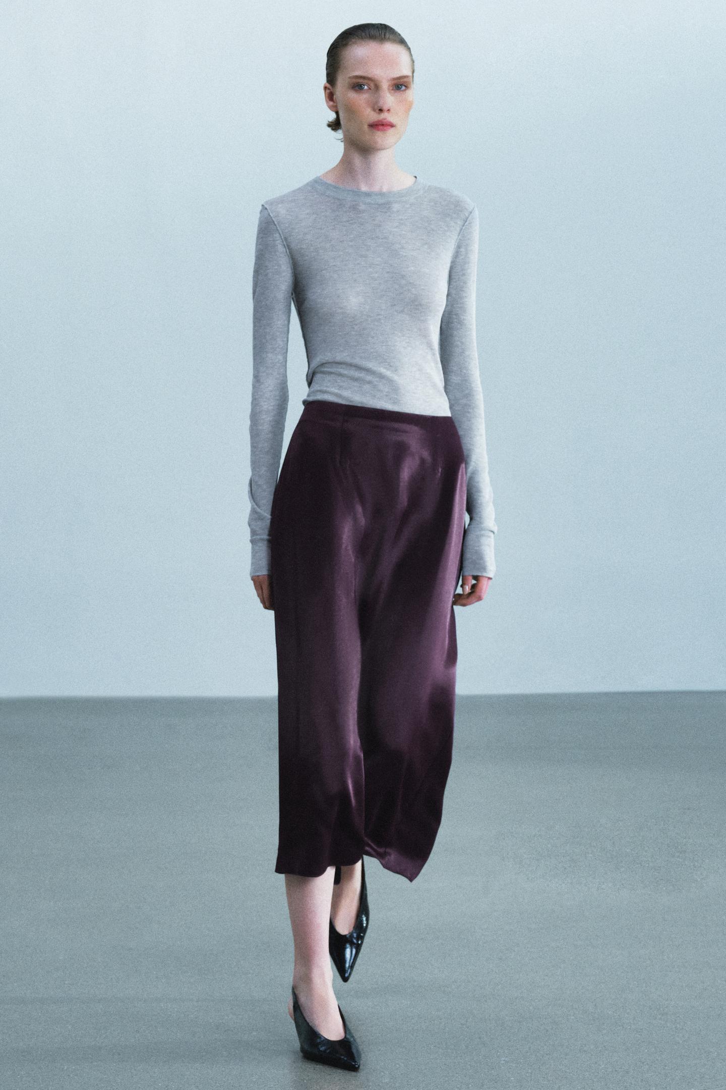 Женская юбка Zara ZW Collection Satin Straight, цвет: Бордовый — фото 4