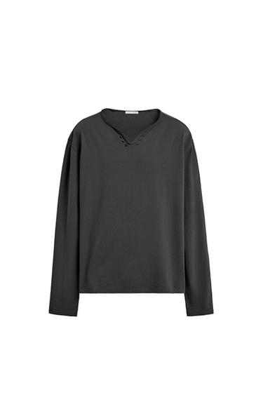 イレギュラーヘンリーネックＴシャツグレー/ブルーZaraのイレギュラーヘンリーネックＴシャツ - グレー/ブルー 