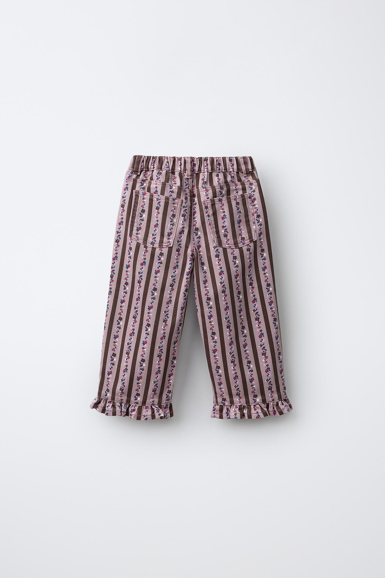 STRIPED AND FLORAL TWILL STRAIGHT PANTS — Dusty pink