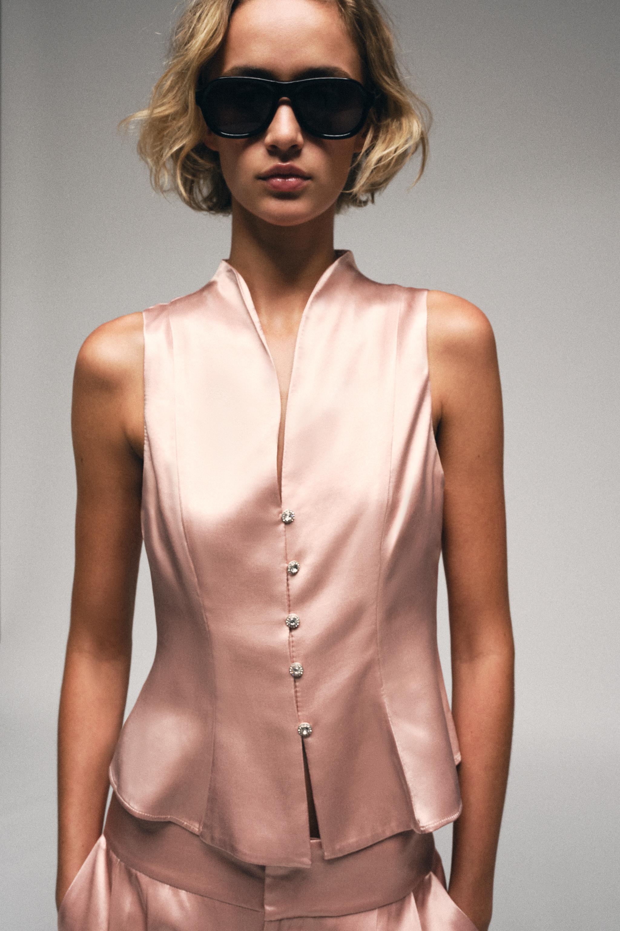 JEWEL BUTTON SATIN EFFECT TOP