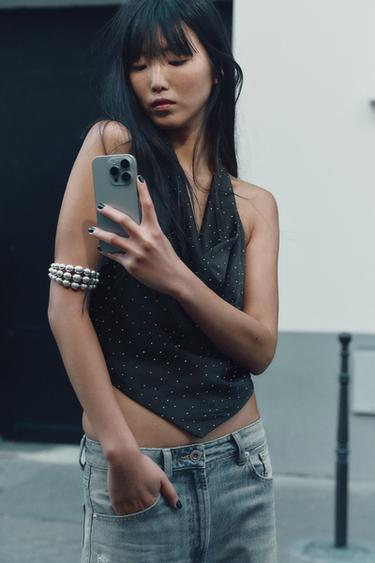 Zara RHINESTONE SATIN HALTER TOP - Black