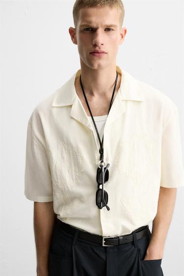 EMBROIDERED COTTON-LINEN SHIRT - Oyster-white by Zara - Image 4