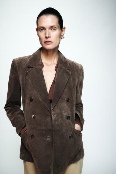 100% LEATHER DOUBLE-BREASTED BLAZER - Khaki by Zara