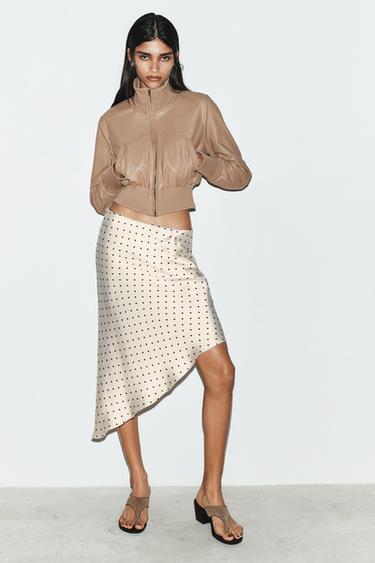 Zara ASYMMETRIC POLKA DOT SATIN SKIRT - Ecru / Black