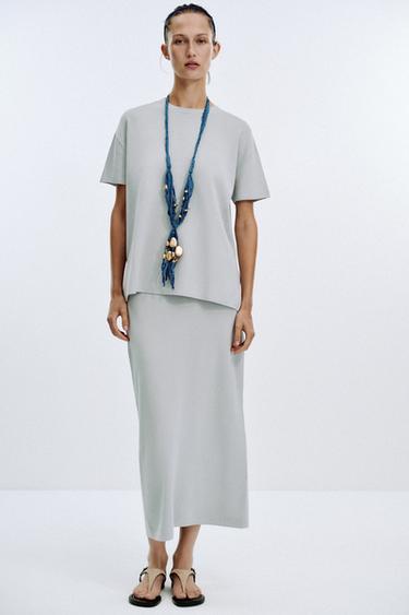 Zara PLAIN KNIT MIDI SKIRT - Pearl gray