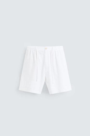 Zara 標準版亞麻棉質短褲 - 白色