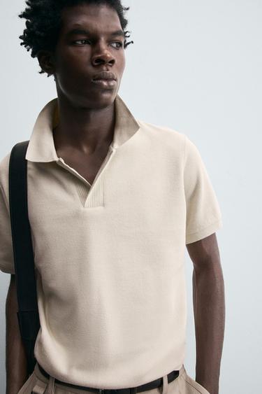 Zara TEXTURED KNIT POLO SHIRT - Beige