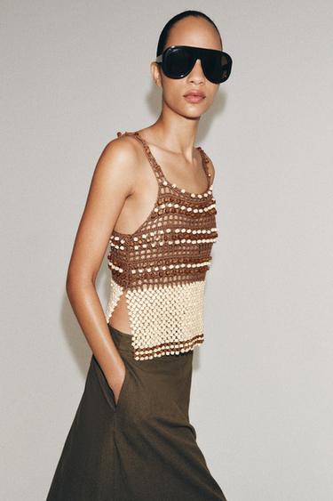 TOP PUNTO CROCHET ABALORIOS - Beige de Zara