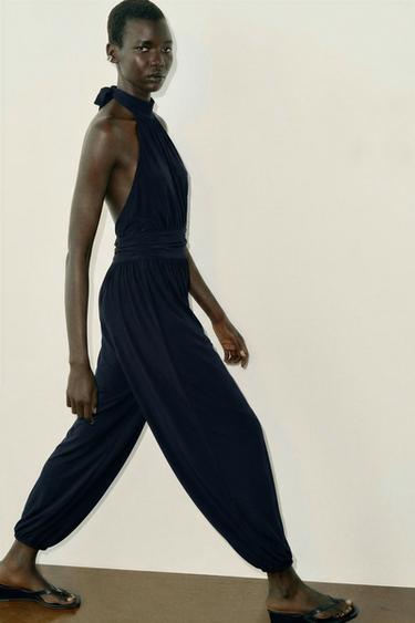 Zara DRAPED HALTER BLOUSE JUMPSUIT - Midnight blue