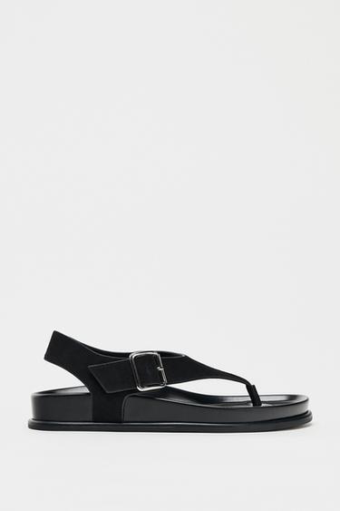 SANDALES PLATES EN DAIM - Noir de Zara