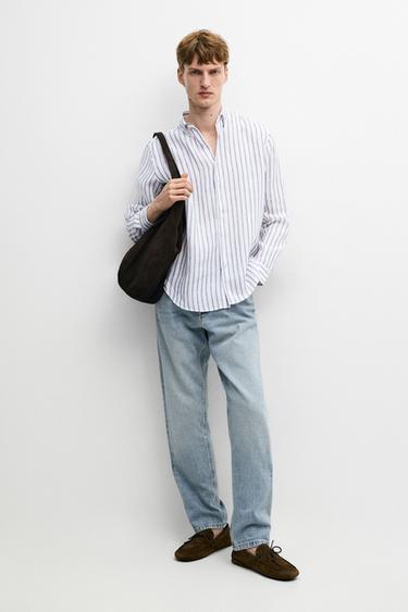 Zara 100% linen striped shirt - Blue - Image 0