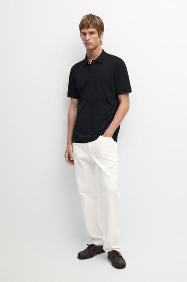Zara Micro-textured cotton piqué polo shirt - Black - Image 0
