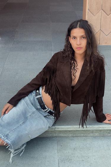 Zara FAUX SUEDE FRINGED JACKET - Chocolate brown