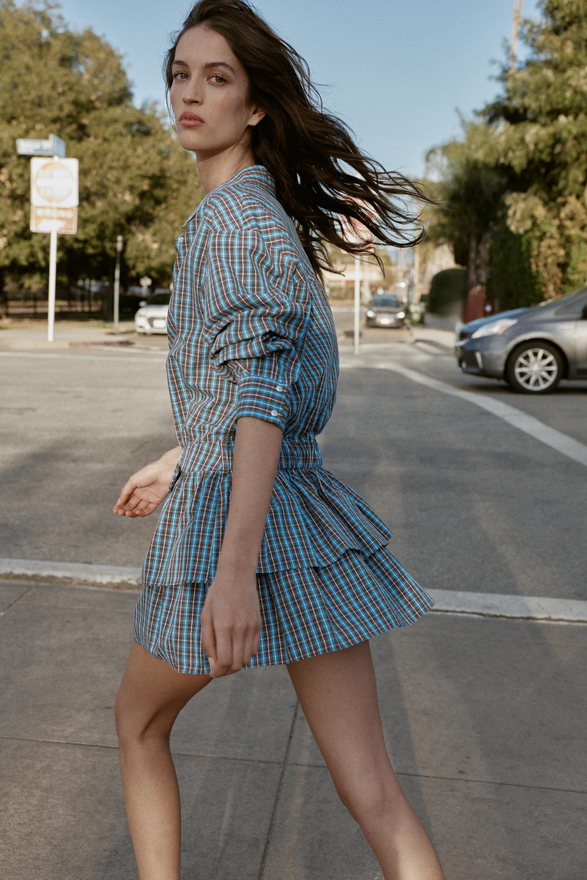PLAID RUFFLED BELTED SHORT DRESS