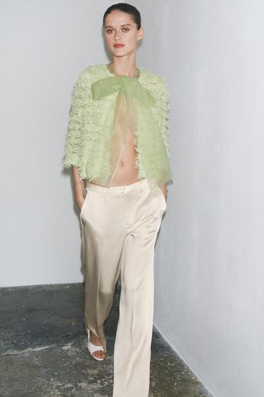 GILET EN MAILLE À FRANGES AVEC LACET EN ORGANZA - Vert clair de Zara - Image 0