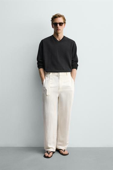 Zara 繫腰帶人造絲亞麻混紡休閒長褲 - 裸色
