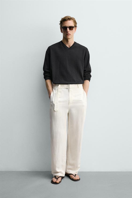 RELAXED FIT VISCOSE-LINEN BELTED PANTS from Zara - $79.90