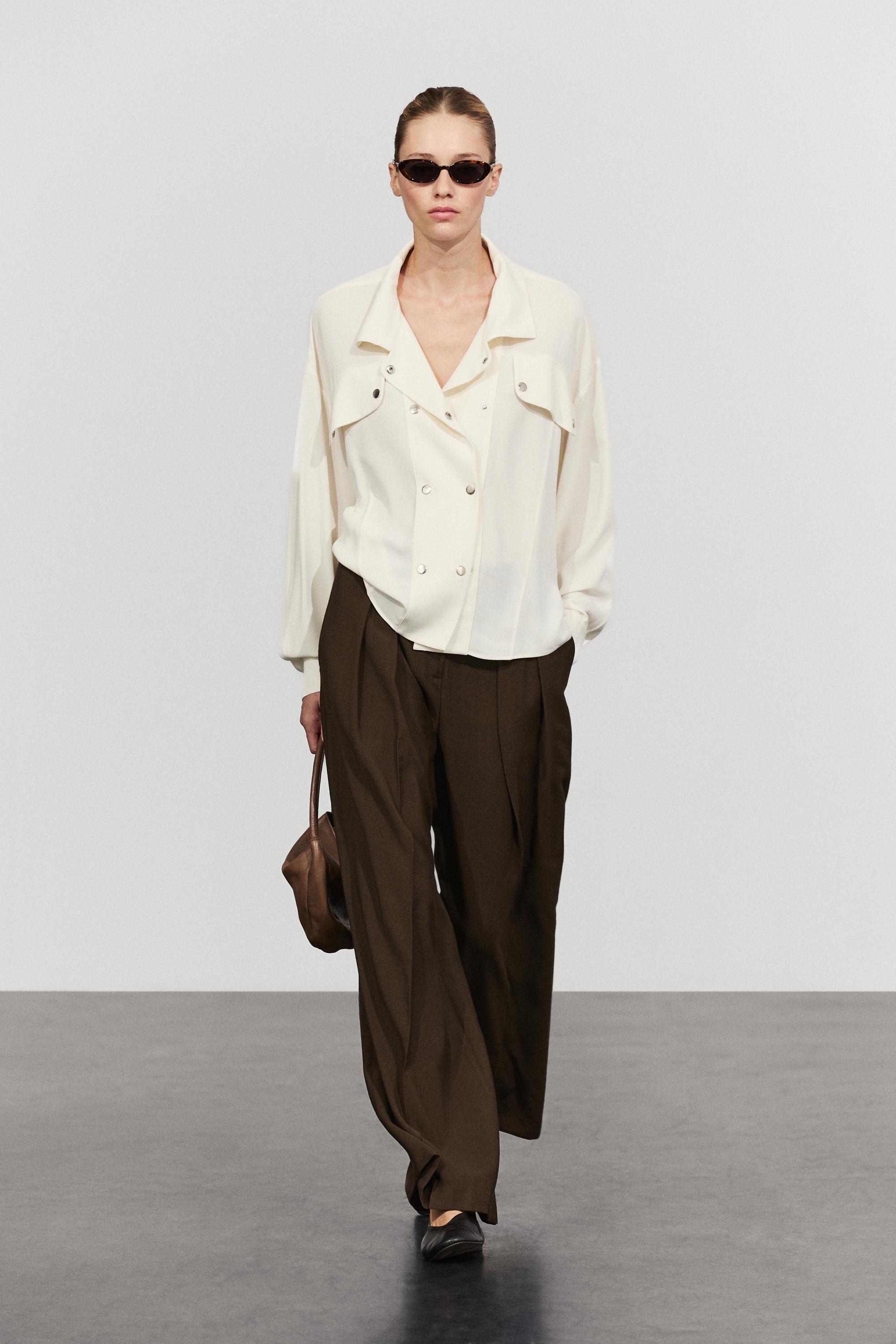 Snap-button stand collar shirt — Ecru