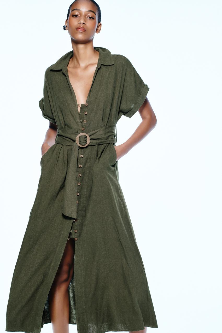 LINEN BLEND MIDI SHIRT DRESS - Khaki