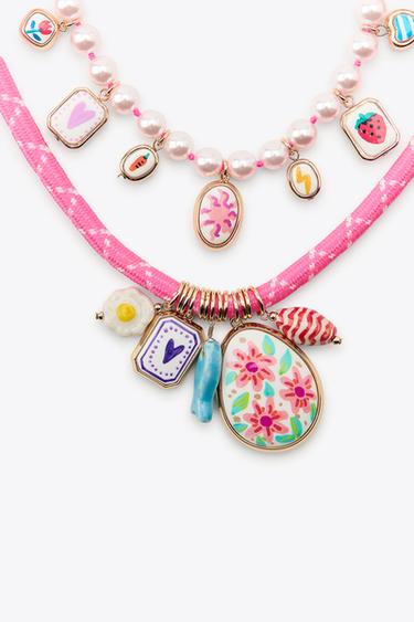 Zara PACK OF 2 PEARL CORD CHARM NECKLACES - Golden