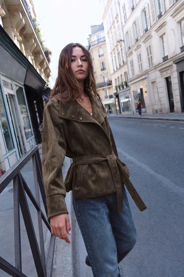 BELTED FAUX SUEDE JACKET - Dark mink by Zara