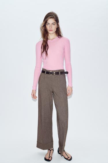 Zara HERRINGBONE BELTED PANTS - Brown