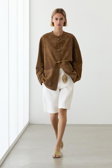 Zara Suede leather stand collar jacket - Light brown - Image 0