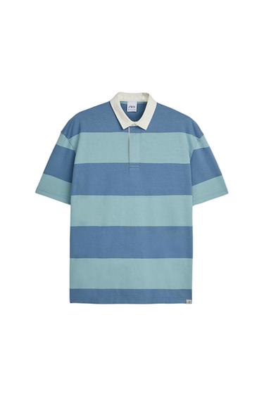 Blue and light blue horizontal striped polo shirt with a white collar. "ZARA" label visible on the inside of the collar.