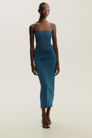 VESTIDO LARGO COMBINADO TUL - Azul de Zara