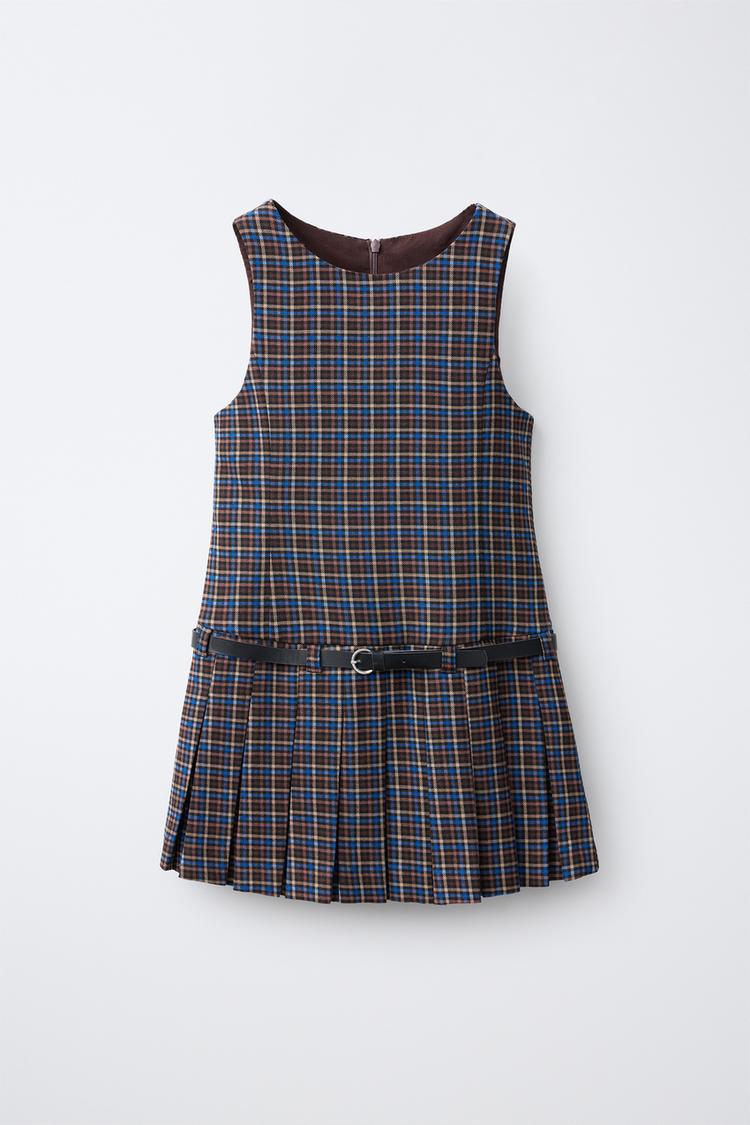 PLAID BELTED PINAFORE DRESS — Brown-Blue