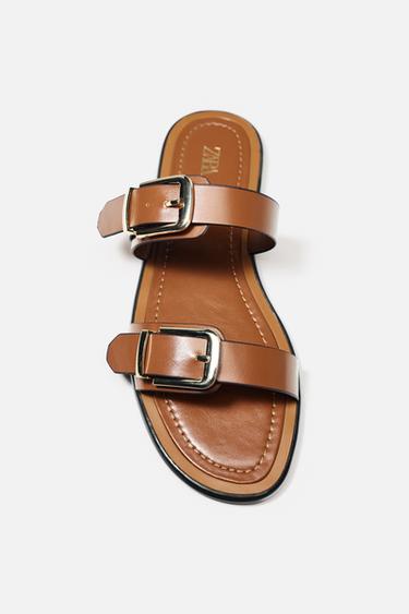 DOUBLE-STRAP BUCKLE FLAT SANDALS - Brown by Zara